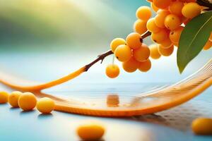 a branch of yellow fruit on a table. AI-Generated photo