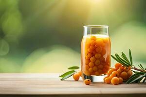 sea buckthorn juice in a glass on a wooden table. AI-Generated photo