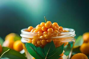 a jar filled with orange berries on a table. AI-Generated photo