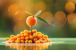 a small orange fruit is sitting on top of a pile of berries. AI-Generated photo
