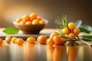 sea buckthorn berries and leaves on a table. AI-Generated photo
