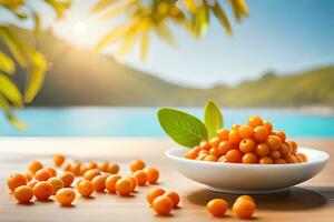 orange sea buckthorn berries in a bowl on a wooden table with sea and mountains in the. AI-Generated photo