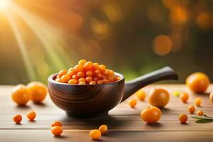 orange sea buckthorn berries in a wooden bowl on a table with sunlight. AI-Generated photo