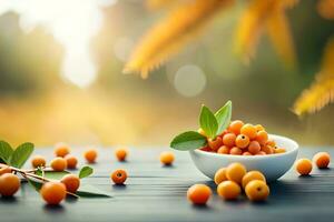 sea buckthorn berries in a bowl on a wooden table. AI-Generated photo
