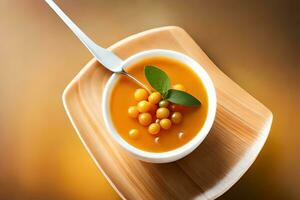 a bowl of soup with a spoon on top. AI-Generated photo