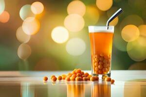 orange juice with a straw and some orange balls. AI-Generated photo