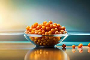 a bowl filled with orange grapes on a table. AI-Generated photo