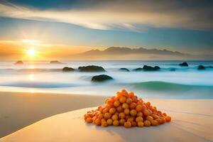 un pila de naranjas en el playa a puesta de sol. generado por ai foto