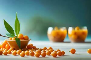 sea buckthorn berries in a bowl and two glasses of sea buckthorn juice on a. AI-Generated photo