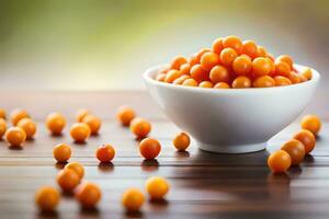 a bowl full of orange berries on a table. AI-Generated photo