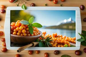 orange berries on a wooden table with a bowl of water and a spoon. AI-Generated photo