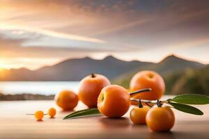 sea buckthorn fruit on the table with mountains in the background. AI-Generated photo