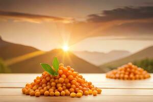 orange sea buckthorn berries on wooden table with sun in background. AI-Generated photo