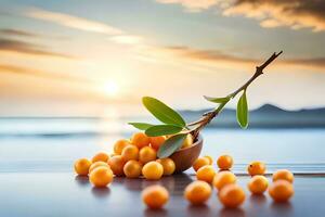 sea buckthorn berries on wooden table with sunset background. AI-Generated photo