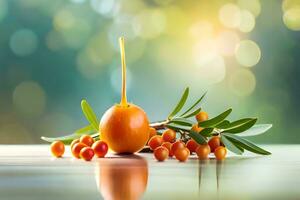 sea buckthorn berries and orange juice on wooden table with blurred background. AI-Generated photo
