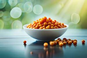 orange soybeans in a bowl on a wooden table. AI-Generated photo