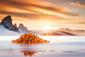 a pile of oranges on the ice in front of mountains. AI-Generated photo