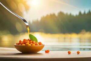 orange berries in a bowl with a spoon. AI-Generated photo