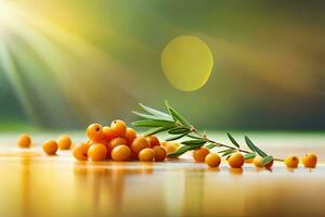 sea buckthorn berries on the table with sunlight. AI-Generated photo