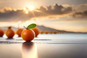 orange fruit on the beach with the sun setting behind it. AI-Generated photo