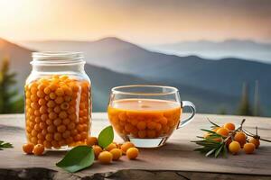sea buckthorn berries in a glass jar with a candle on a wooden table with mountains in. AI-Generated photo