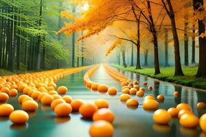 orange balls floating in a river with trees and trees. AI-Generated photo
