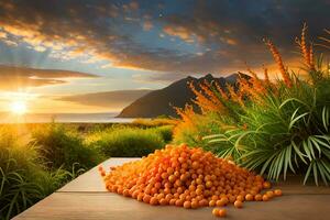 a pile of orange berries on a table in front of a sunset. AI-Generated photo