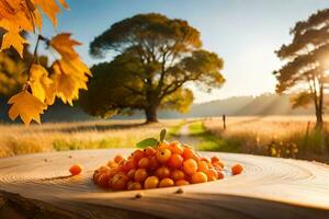 orange fruit on a wooden table in a field with autumn leaves. AI-Generated photo