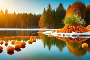 orange balls are floating in the water near a forest. AI-Generated photo