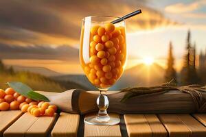 a glass of orange juice with berries on a table. AI-Generated photo