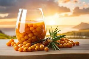 sea buckthorn juice in a glass on a wooden table with sea and sunset. AI-Generated photo