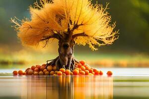 a tree with orange fruit on top of it in the water. AI-Generated photo