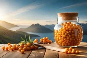 sea buckthorn berries in a jar on a wooden table. AI-Generated photo