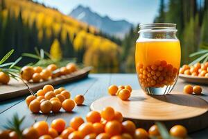 a jar of orange juice with berries on a table. AI-Generated photo