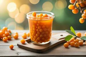 sea buckthorn berries in a glass jar on a wooden table. AI-Generated photo