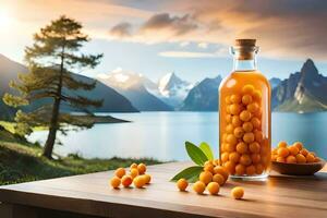 orange juice in a bottle with sea and mountains in the background. AI-Generated photo