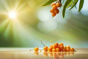 sea buckthorn berries on the table with sunlight. AI-Generated photo