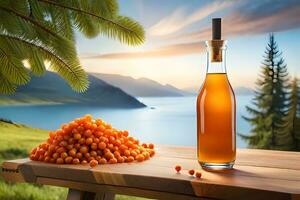 a bottle of orange juice and a bowl of berries on a table. AI-Generated photo