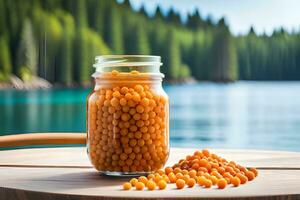 orange beans in a jar on a table next to a lake. AI-Generated photo