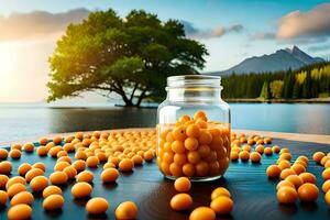 orange balls in a jar on a table with a lake and mountains in the background. AI-Generated photo