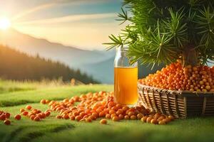 sea buckthorn berries in basket with sun setting in the background. AI-Generated photo