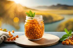 sea buckthorn berries in a jar on a wooden table with a view of the sea. AI-Generated photo