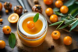 a jar of orange juice with a spoon and some oranges. AI-Generated photo