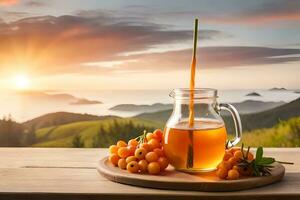 juice in a pitcher and berries on a wooden table with a view of the sunset. AI-Generated photo