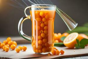 a glass jug filled with orange juice and some berries. AI-Generated photo