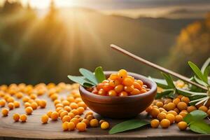 sea buckthorn berries in a bowl on a wooden table with sun in the background. AI-Generated photo