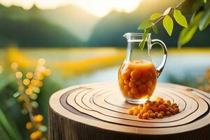 a pitcher of orange juice sits on a table next to a lake. AI-Generated photo