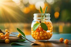 sea buckthorn berries in a jar on a wooden table with sunlight. AI-Generated photo