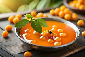 a bowl of orange juice with a leaf on top. AI-Generated photo