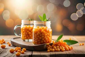 orange sea buckthorn berries in jars on wooden table with bokeh background. AI-Generated photo